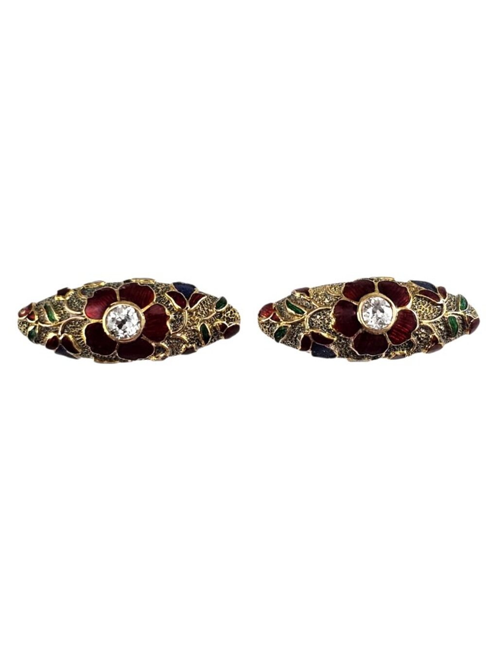Vintage 11K Yellow Gold and Diamond Cloisonné Enamel Earrings #25129